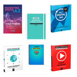 Pack quatro livros marketing digital, Agenda Redes Socias 2025 e Caderno Boas Ideias